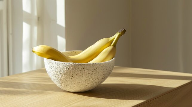 Healthy food photography background - Fresh bananas in bowl on rustic wooden table in kitchen