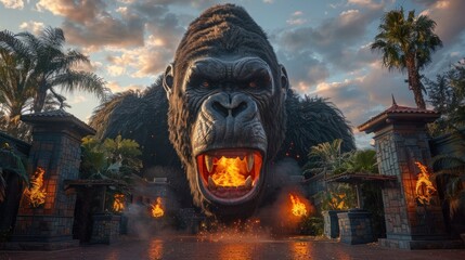 Entrance to The Kong Skull Island with a Gorilla face and burning torches at the Universal Studios