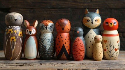 Charming collection of wooden nesting dolls with animal designs on rustic wooden background - obrazy, fototapety, plakaty