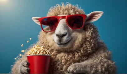 Obraz premium Funny hipster sheep with fashion sunglasses holds a red cup of cola and a basket of popcorn rest and watching a movie on a blue background. Creative idea, rest. Happy fun animal concept See Less