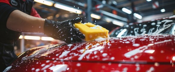 A person wearing black gloves washes the front of their red car with yellow sponges and white soap in an elegant modern garage, - obrazy, fototapety, plakaty