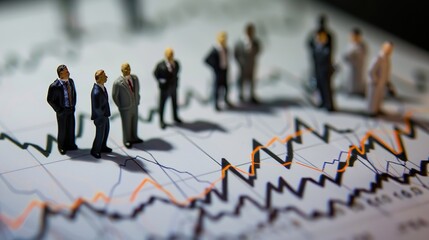 A group of miniature businessmen stand on a black and white stock market chart. - obrazy, fototapety, plakaty