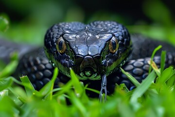 Fototapeta premium Black Rat Snake: Slithering through grass with glossy black scales, representing wildlife.