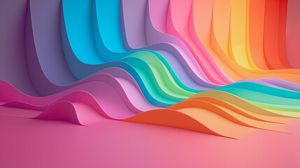 Creative Abstract 3D background. Rainbow Colors, Fluid Motion, Harmony. Minimal Design. Waves, Folds, Shapes, Curves, Maze. Liquid, Plastic, Art, Fun, Decor. Equality, Diversity, Human Rights, Pride.