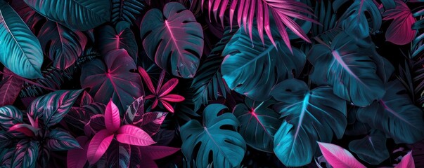 tropical plants in neon pink and teal against a dark background, with lots of leaves and foliage in a surreal style.