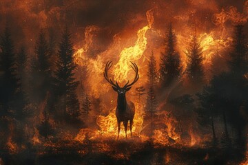 Deer facing forest fire - obrazy, fototapety, plakaty