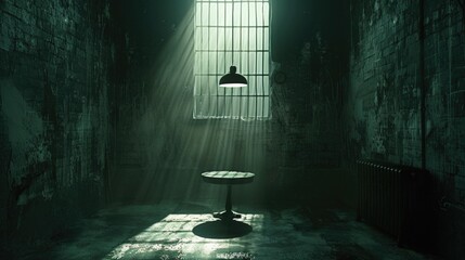 Jail cell with table - obrazy, fototapety, plakaty