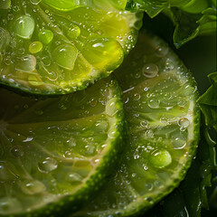 Close Up of Sliced Limes With Water Droplets. Generative AI