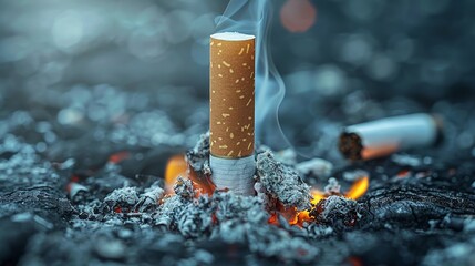 Lone intact cigarette rising above a scattered cluster of extinguished stubs on a minimalist backdrop - obrazy, fototapety, plakaty