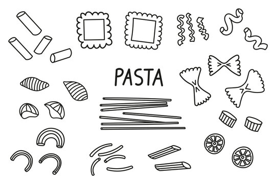 Pasta doodle set line art. Vector sketch illustration on isolated background. Spaghetti, Penne, fusilli, rigatoni, farfalle, tagliatelle, fettuccine, cavatappi, conchiglie shells, wheat, Italian food 