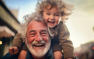 Grandfather and grandson laughing and hugging outdoors.