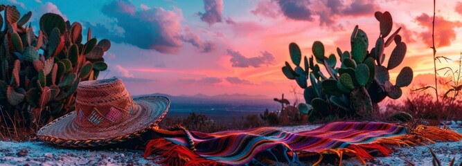 A sombrero and Mexican blanket on the ground with cactus in background, sunset sky, purple blue orange color,