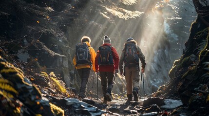 Trio of adventurers tackle the rugged trail, surrounded by the embrace of wild nature.
