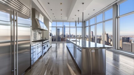 Obraz premium A luxurious, modern kitchen with gleaming stainless steel appliances, marble countertops, and a panoramic view of the city skyline through floor-to-ceiling windows