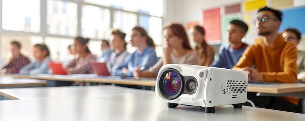A white projector is placed on the table in front of students sitting at desks - obrazy, fototapety, plakaty