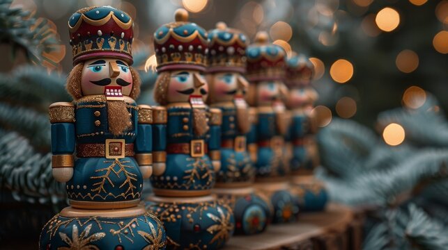 Colorful wooden nutcracker figurines lined up with festive Christmas decor