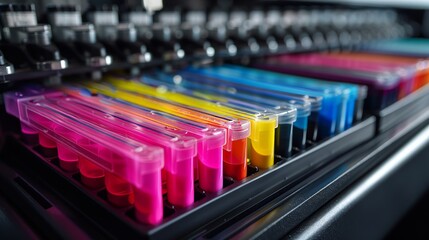 Vibrant printer ink cartridges in magenta, cyan, and yellow nestled within a sleek black printer hint at colorful print possibilities