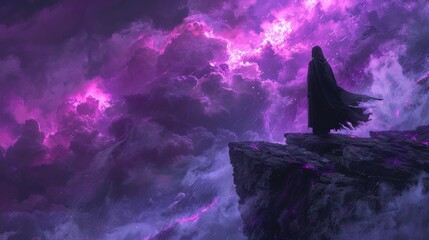 Mystical figure in a flowing cloak overlooking a stormy purple landscape - obrazy, fototapety, plakaty