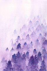 Romantic watercolor landscape with ascetic northern nature for slow life. Foggy pink-purple spruce forest stretching into the distance. Amazing wildlife panorama with fluffy trees for a cozy wallpaper