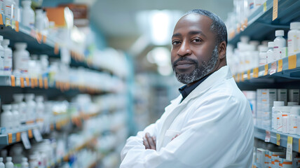 Fototapeta premium A man wearing a white lab coat standing in a pharmacy aisle filled with shelves of medications. Generative AI