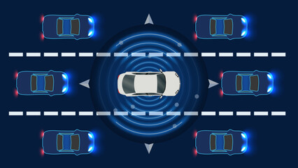Autonomous Smart Car. Scanning and Operating Automatically for City Crosswalk Safety on the Highway. Vector Illustration