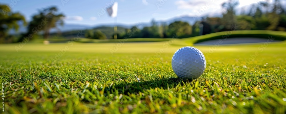 Wall mural a golf ball near the hole on green grass with a flag, blue sky in the background.