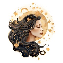 Beautiful girl with long hair and golden stars. Vector illustration.