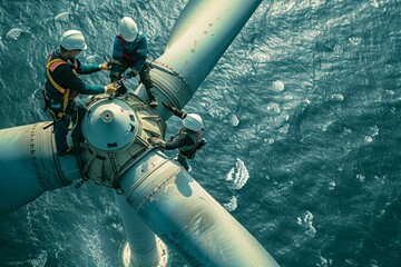 Technicians, wearing safety gear, are working on a wind turbine by using a variety of tools to maintain and clean the gigantic wind turbine located in a ocean