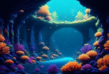Pixel art a hyperrealistic 8k underwater coral cit (2) - obrazy, fototapety, plakaty