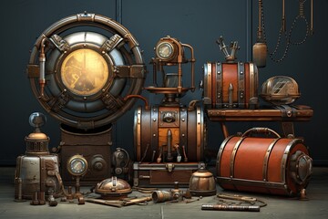 Steampunk Gadgetry Product Renders: Vintage Mechanical Clocks Collection - obrazy, fototapety, plakaty
