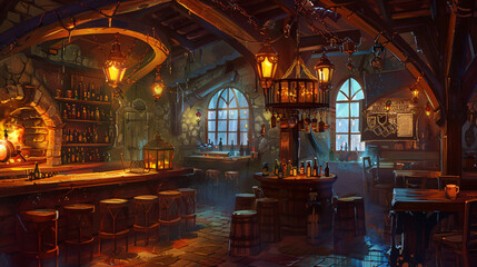 Warm lit friendly medieval fantasy tavern inn lanterns