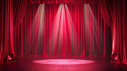 Red curtains open on stage with spotlight and audience view