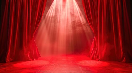 Red curtains open on stage with spotlight and audience view