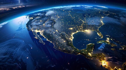 space view of earth with glowing night lights, highlighting Mexico and Canada and stars on background