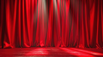 Red curtains open on stage with spotlight and audience view - obrazy, fototapety, plakaty