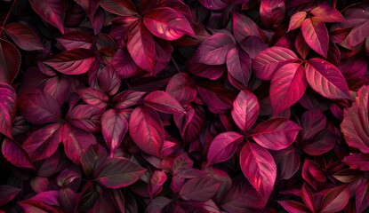 Red leaves background, burgundy foliage texture, nature backdrop, fuchsia color, gothic and dark art concept in the style of nature - obrazy, fototapety, plakaty