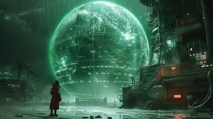 Mystical scientist in red cloak examining a luminescent orb in a futuristic city