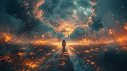 Mysterious figure facing an ethereal crossroad in a dramatic surreal landscape