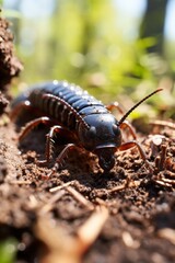 A close-up of a beetle larvae actively burrowing into the ground, showcasing its intricate body structure and movements in detail