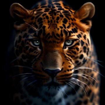 Vivid close-up of a leopard's face with piercing eyes, set against a dark backdrop. digital wildlife art. generative AI