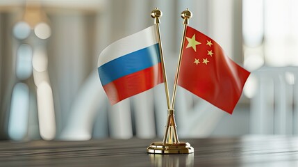 Two flags of Russia and China were placed on the table in front of a white background. A gold stand holds both flags, creating an elegant display