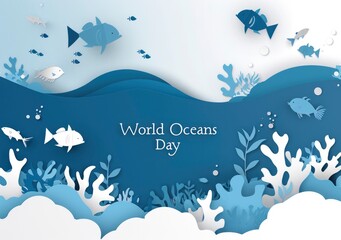  Greeting card template design with text World Oceans Day and fish, coral reef elements. World Oceans Day