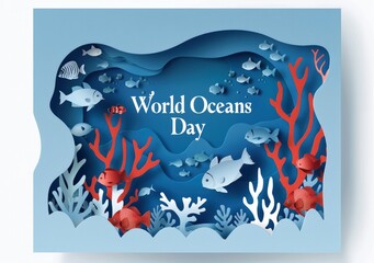  Greeting card template design with text World Oceans Day and fish, coral reef elements. World Oceans Day