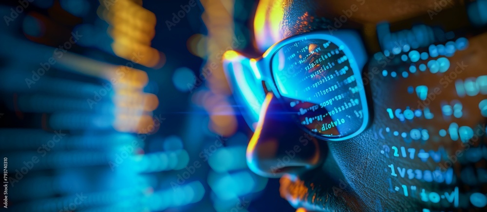 Poster cybersecurity specialist analyzing encrypted data streams. generative ai