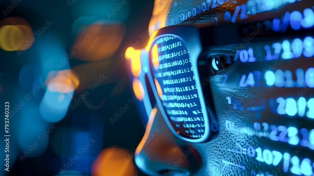 Poster cybersecurity specialist analyzing encrypted data streams. generative ai
