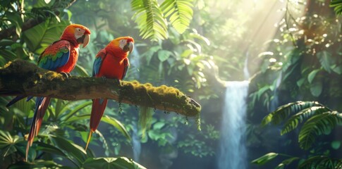 parrots sitting on a branch in the jungle 