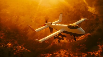 Unmanned Aerial Vehicle UAV Surveying at Sunset. Generative ai - obrazy, fototapety, plakaty