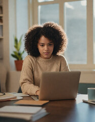 A-young-African-American-woman-with-curly-dark- hair working on laptop