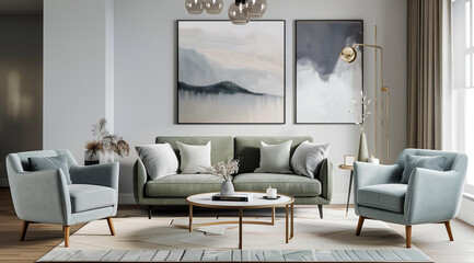 A Scandinavian style living room with light blue walls