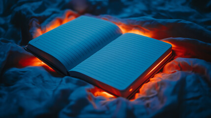A book is open on a bed with a blue background
